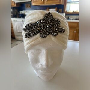 C.C Cream Knit Headband with Black Beaded Flower